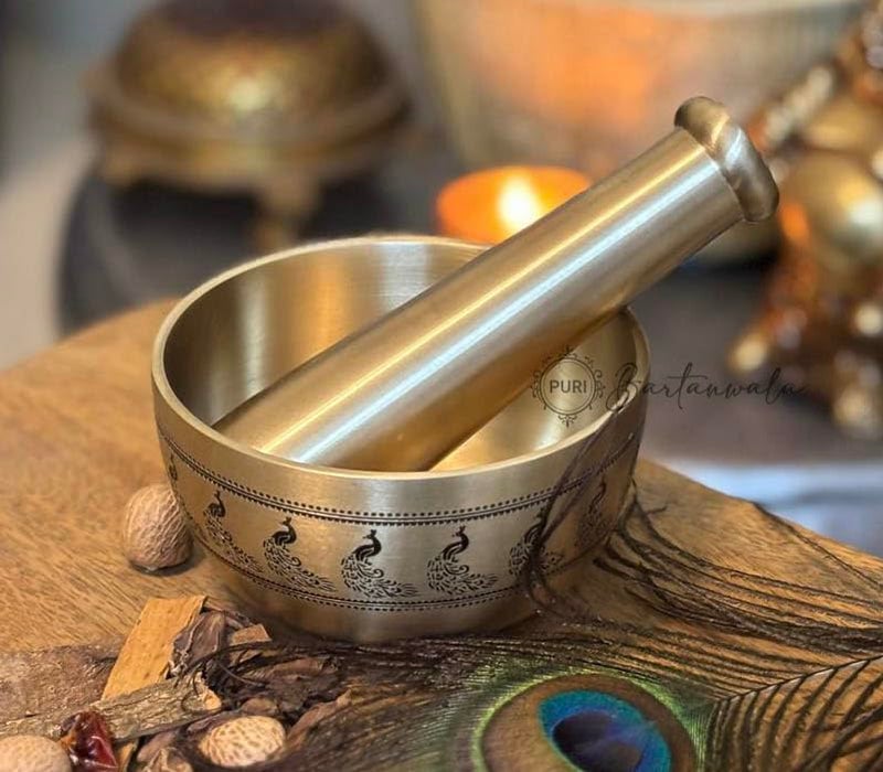 PURI Bartanwala - Indian Peacock/Mor Brass/Pital/Pital Mortar & Pestle (Okhli) – Ancient Style – Brushed Finish – Handcrafted in India - Image 1