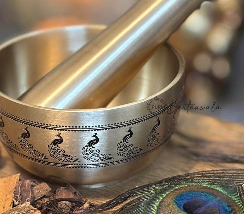 PURI Bartanwala - Indian Peacock/Mor Brass/Pital/Pital Mortar & Pestle (Okhli) – Ancient Style – Brushed Finish – Handcrafted in India - Image 2