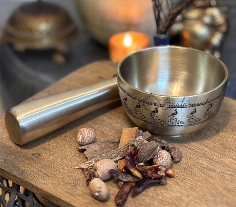 PURI Bartanwala - Indian Peacock/Mor Brass/Pital/Pital Mortar & Pestle (Okhli) – Ancient Style – Brushed Finish – Handcrafted in India - Image 4