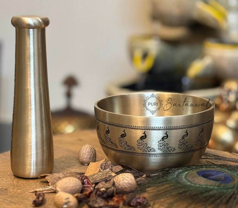 PURI Bartanwala - Indian Peacock/Mor Brass/Pital/Pital Mortar & Pestle (Okhli) – Ancient Style – Brushed Finish – Handcrafted in India - Image 3