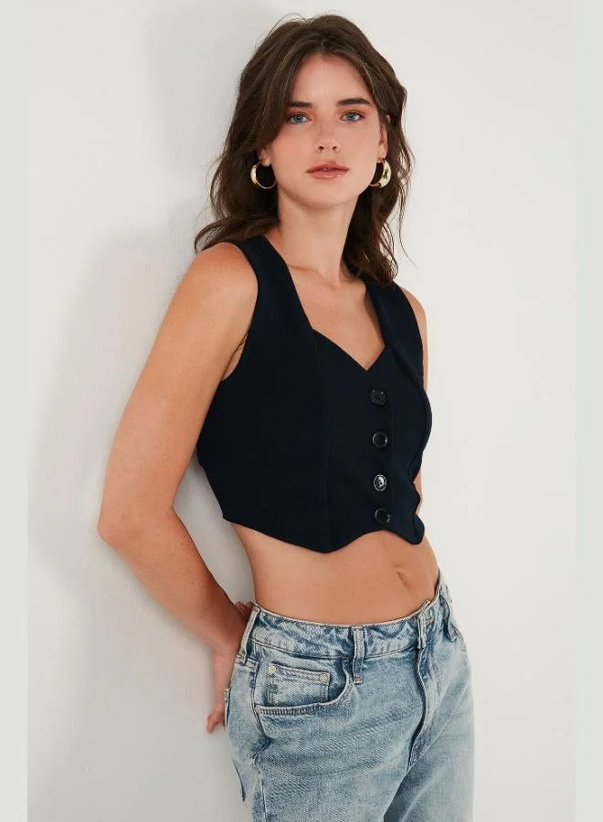 Lela  Lela Slim Fit Heart-Neck Buttoned Thick Strappy Crop Vest Women's VEST 5865497 for Women | Best Price UAE