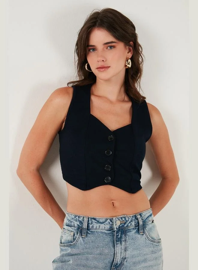 Lela  Lela Slim Fit Heart-Neck Buttoned Thick Strappy Crop Vest Women's VEST 5865497 for Women | Best Price UAE