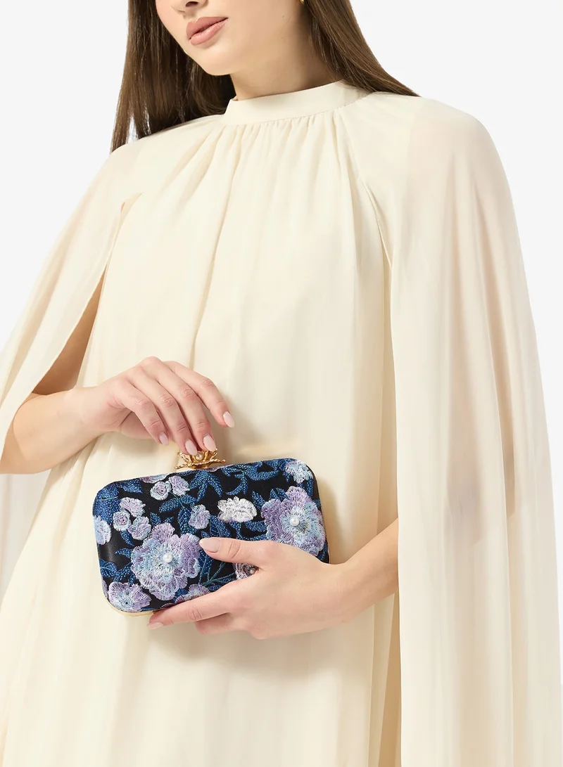 Woven Floral Print With Gold Accent Statement Clutch
