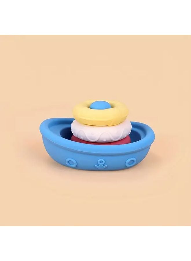Blue Yellow Beige Stackable Bath Boats Toy Floating Bathtub Toys Circle Toss Game - Image 1