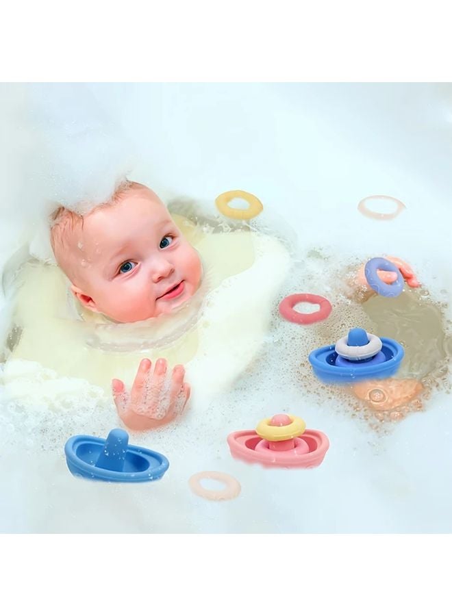 Blue Yellow Beige Stackable Bath Boats Toy Floating Bathtub Toys Circle Toss Game - Image 4