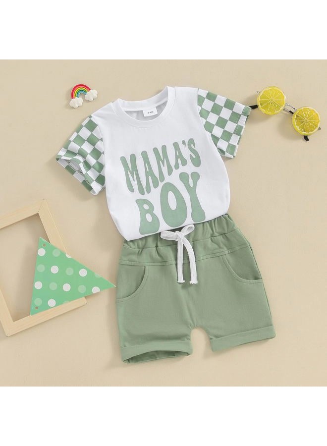 Focusnorm Toddler Boys Summer Outfits Mamas Boy Checkerboard Short Sleeve T-Shirts Tops and Elastic Waist Shorts Clothes Sets (Checkerboard Green, 12-18 Months) - Image 4