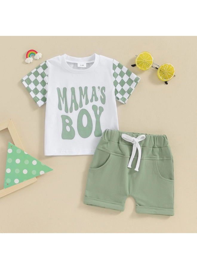 Focusnorm Toddler Boys Summer Outfits Mamas Boy Checkerboard Short Sleeve T-Shirts Tops and Elastic Waist Shorts Clothes Sets (Checkerboard Green, 12-18 Months) - Image 3