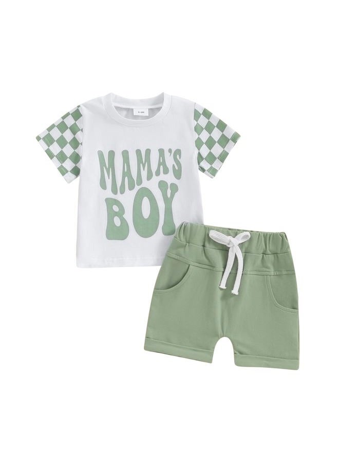 Focusnorm Toddler Boys Summer Outfits Mamas Boy Checkerboard Short Sleeve T-Shirts Tops and Elastic Waist Shorts Clothes Sets (Checkerboard Green, 12-18 Months) - Image 1