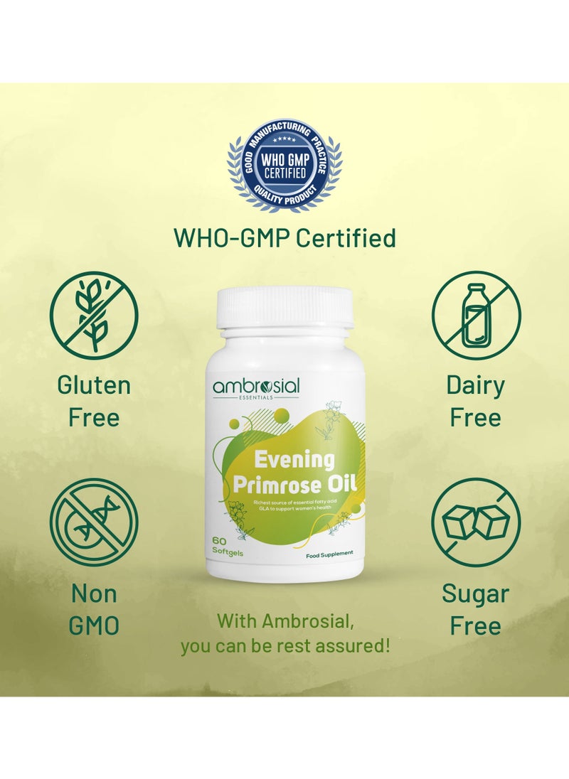 ambrosial EPO Evening Primrose Oil Richest Source of Essential Fatty Acid GLA to Support Women's Health- 60 Softgels Food Supplement  - Image 5