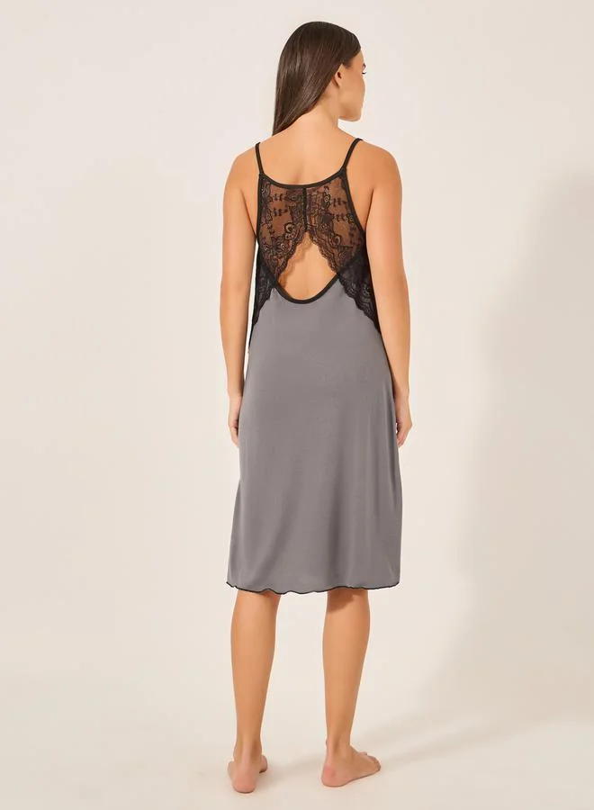 Styli Contrast Lace Trim Racerback Slip Dress