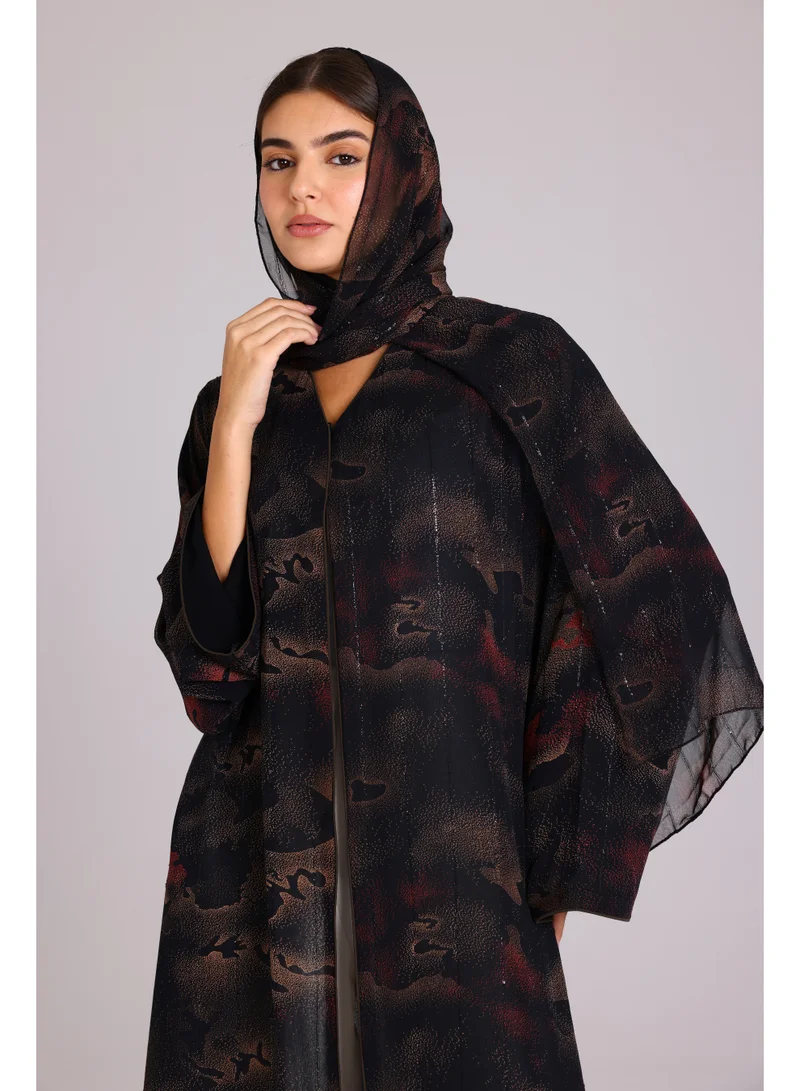 IKKXA Modern Shadow Prints Elegant Brown Abaya
