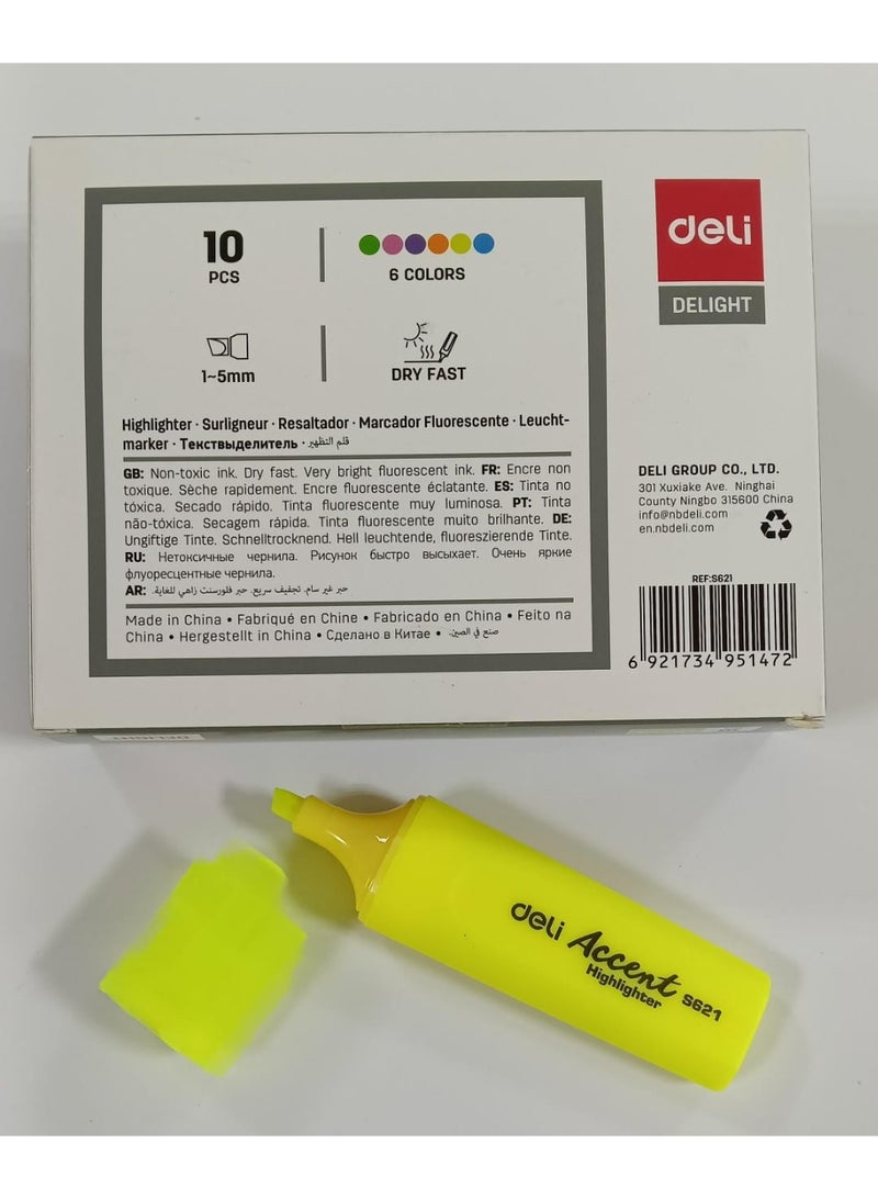Deli S621, Highlighter1-5mm, Pack of 10 Pcs Yellow - Image 1