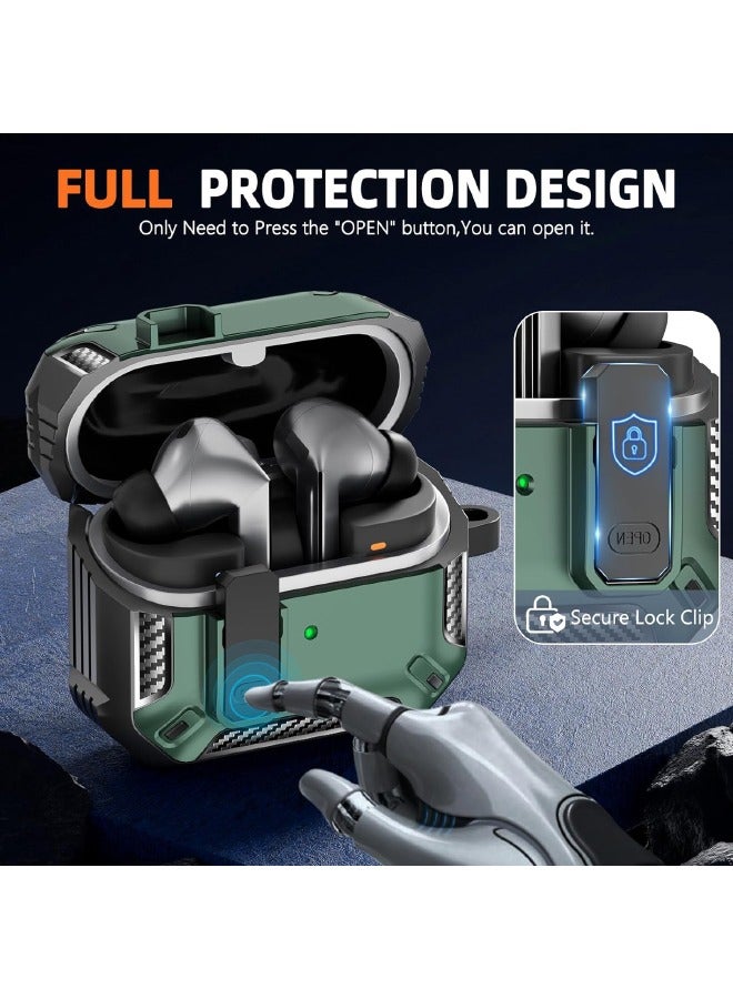 SPFYEAH Compatible with Samsung Galaxy Buds 3/Buds 3 Pro Case, with Secure Lock Clip & Keychain & Cleaner kit, Hard Shell Rugged Shockproof Carbon Fiber Protection Cover for Samsung Galaxy Buds 3 & 3 Pro (2024), Green  - Image 2