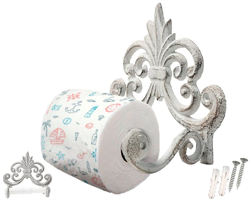 Fleur De Lis Cast Iron Toilet Paper Roll Holder  Cast Iron Wall Mounted Toilet Tissue Holder  European Vintage Design  675 x 625 x 425  with Screws and Anchors by Comfify Antique White