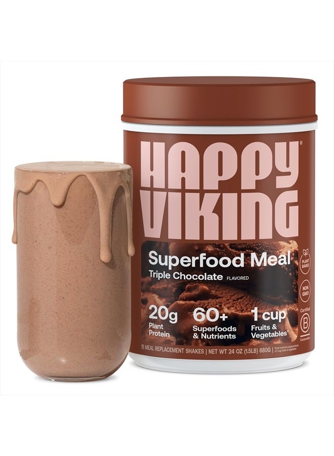 Happy Viking مسحوق بروتين الشوكولاتة الثلاثية + سوبر فود، من إنشاء فينوس ويليامز، 20 جرام بروتين، منخفض الكربوهيدرات، كيتو، نباتي، خالي من الغلوتين، غير معدل وراثيًا، بديل وجبة كامل، 1 علبة (24 أونصة) - Image 1