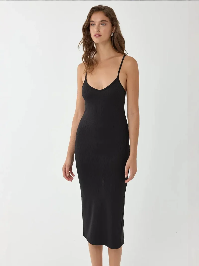 HICCUP V-Neck Bodycon Midi Dress with Thin Straps