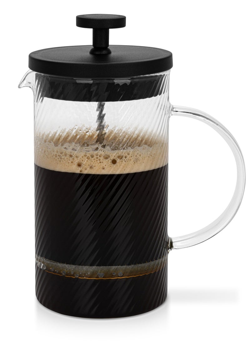 French Press Coffee and Tea Maker 350mL, Heat Resistant Thickened Borosilicate Glass Stainless Steel Coffee and Tea Press, Hot and Cold Brew Coffee French Press, Embossed Glass Design