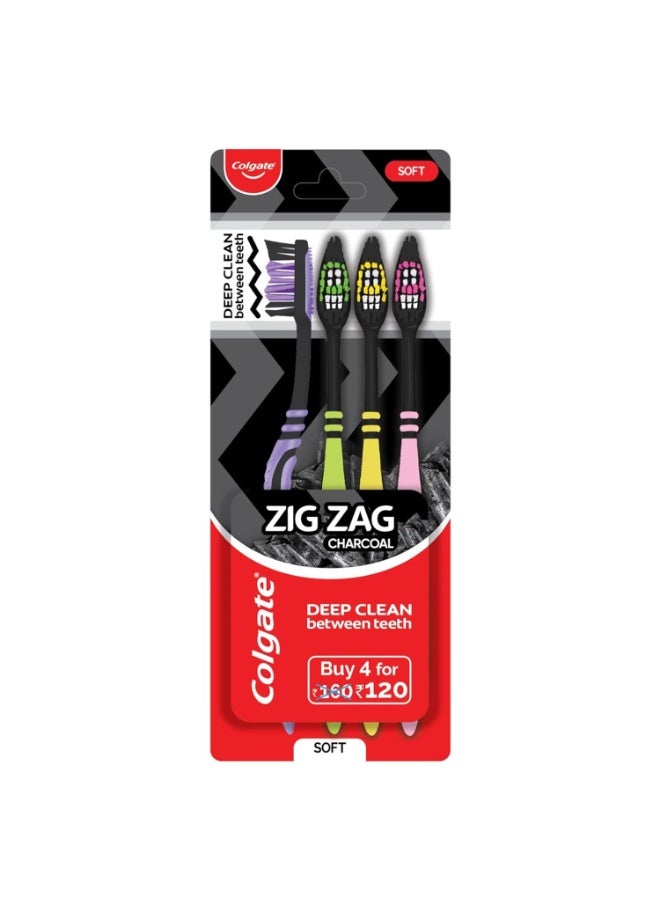 كولجيت فرشاة أسنان كولجيت زيجزاج اليدوية ذات الشعيرات الناعمة بالفحم للبالغين - 4 قطع، تزيل الجراثيم بين الأسنان، منظف ناعم للسان - Image 1