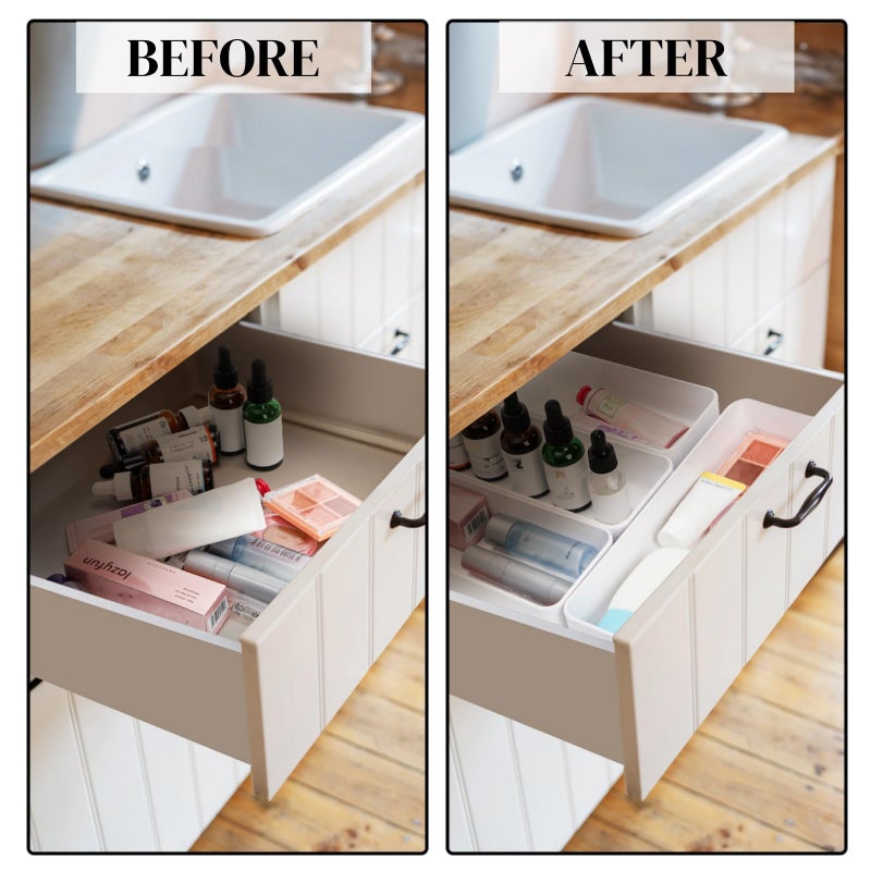 ZAVOOS 6 Pack Plastic Drawer Organizer, 10'' x 3.3'' x 1.8'' White Stackable Vanity Storage Tray, Narrow Rectangular Organizer Bins for Makeup, Bathroom, Kitchen, Office Desktop Supplies - Image 4