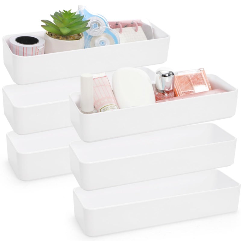 ZAVOOS 6 Pack Plastic Drawer Organizer, 10'' x 3.3'' x 1.8'' White Stackable Vanity Storage Tray, Narrow Rectangular Organizer Bins for Makeup, Bathroom, Kitchen, Office Desktop Supplies - Image 1