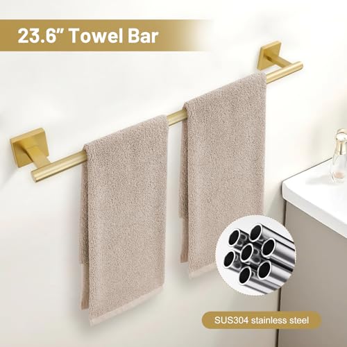 TURS 5Pieces Brushed Gold Bathroom Hardware Set 236 Inch SUS304 Stainless Steel Towel Bar Set Wall Mounted Square Toilet Paper Holder with Shelf - Image 3
