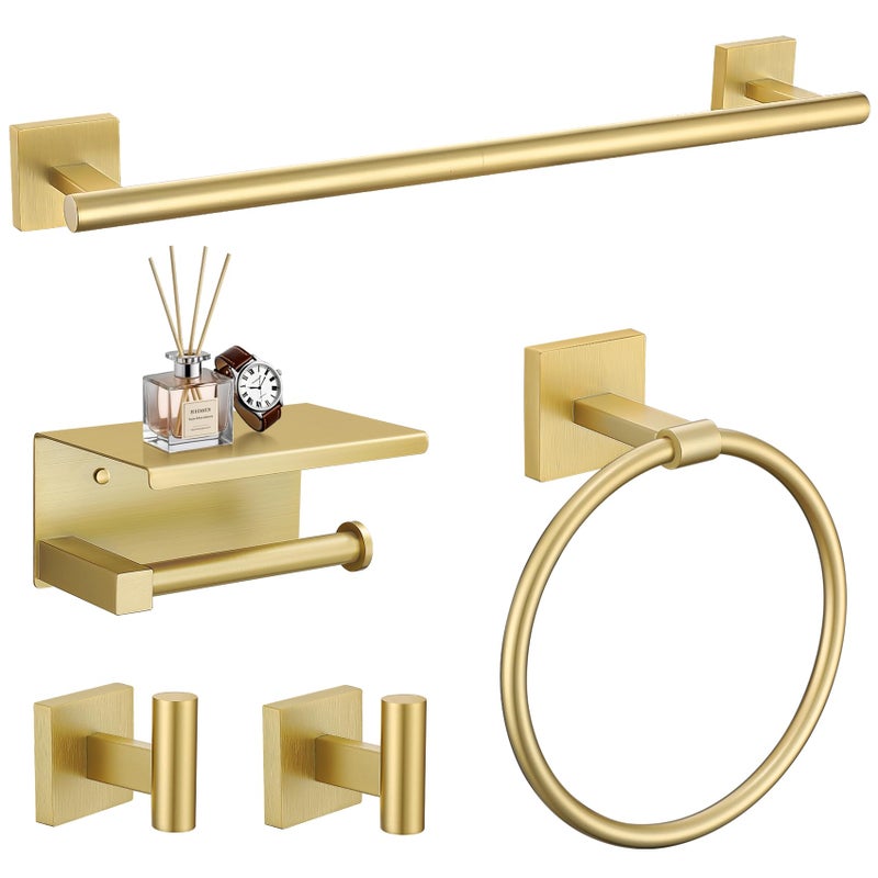 TURS 5Pieces Brushed Gold Bathroom Hardware Set 236 Inch SUS304 Stainless Steel Towel Bar Set Wall Mounted Square Toilet Paper Holder with Shelf - Image 2