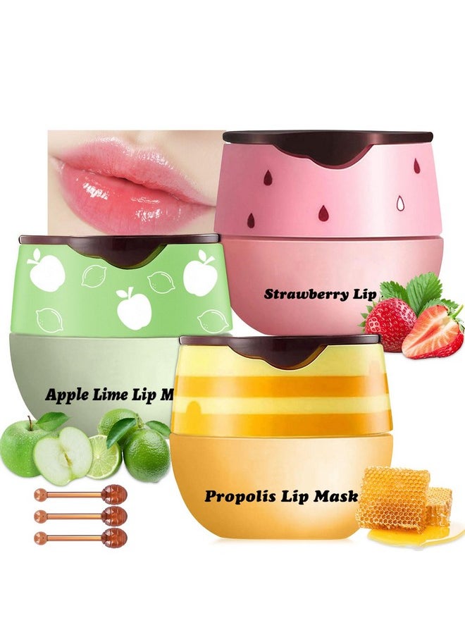 LemonSac - 3 Pcs Bee Lip Balm Honey Pot Honey & Strawberry & Apple Lime Lip Mask Overnight Propolis Moisturizing Lip Balm Hydrating Prevention Dry And Crack Lip Scrubs Exfoliator Lip Wrinkle Care (Set A) - Image 1