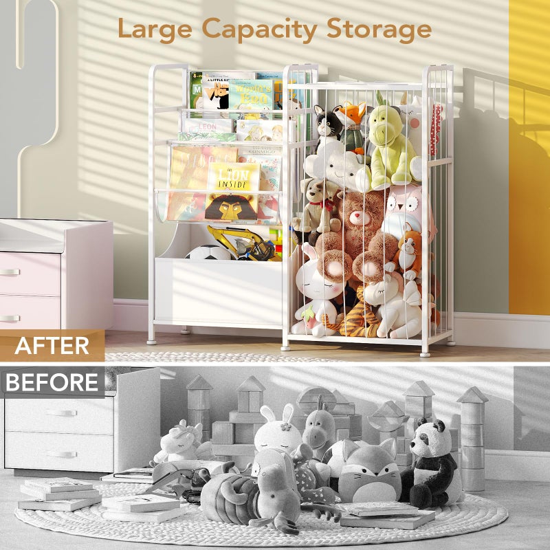 BBLIKE Kids Bookshelf and Stuffed Animal Storage - Multi-Function Nursery Book Shelves with Leather Toy Box and PVC Book Display, Toy Organizer for Playroom, Bedroom, Nursery, White - Image 3