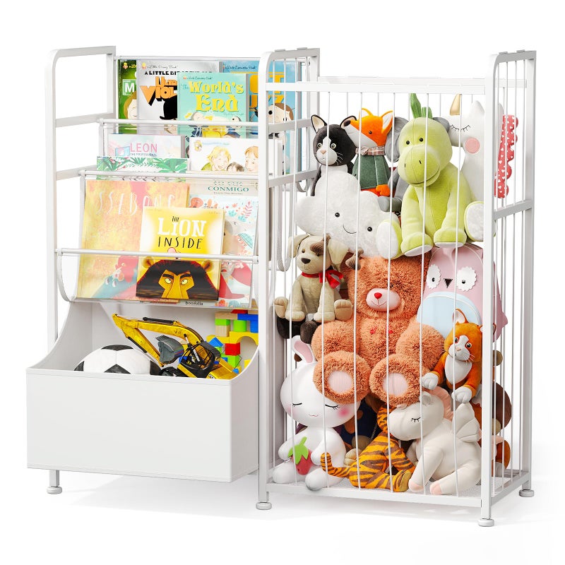 BBLIKE Kids Bookshelf and Stuffed Animal Storage - Multi-Function Nursery Book Shelves with Leather Toy Box and PVC Book Display, Toy Organizer for Playroom, Bedroom, Nursery, White - Image 1