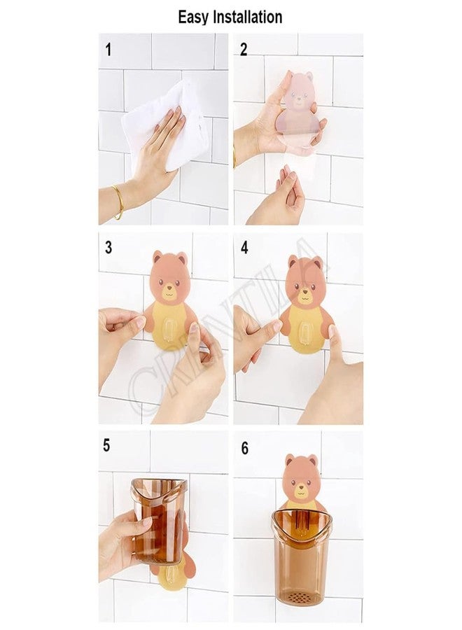 TEZURTH Pack of 1 Toothbrush Holder Plastic Stand for Toothpaste, Comb, Brush, Cream,Razor Holder Lotion Kids Bathroom Cup Drain Waterproof Sturdy Self Adhesive,Teddy Bear - BZ9175 - Image 4