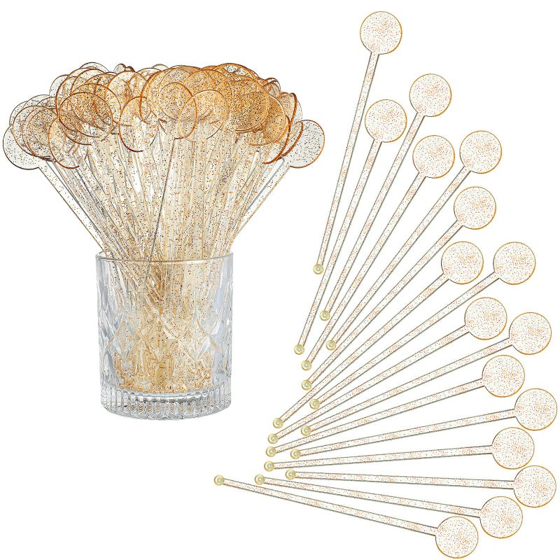 Marsui Marsui 240 Pieces 7 Inch Swizzle Sticks for Cocktail Coffee Drink Stirrers Cocktail Stirrers Disposable Stirring Sticks Plastic Disc Top for Mixing Coffee Whiskey Beverage Glitter Gold