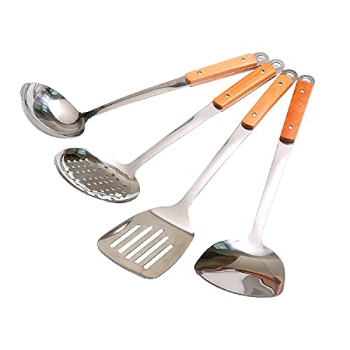 HEXONIQ Stainless Steel Kitchen Utensil Set, Steel Plain Spatula, Soup Ladle, Skimmer & Slotted Spatula with Long Heat Resistant Wood Handle, Set of 4 - Image 1