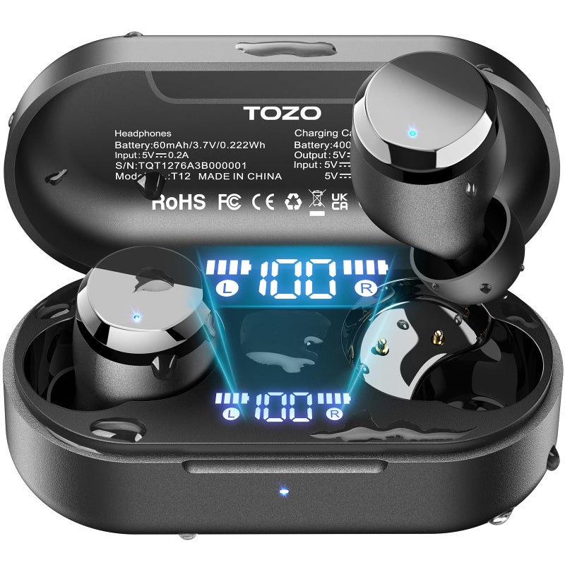 TOZO T12 (Compact Ergonomic Edition) Wireless Earbuds Bluetooth 5.3 Headphones, Call ENC Noise Cancelling Mic, 55Hrs Playtime App Customize EQ IPX8 Waterproof LED Digital Display Premium Sound Headset - Image 1