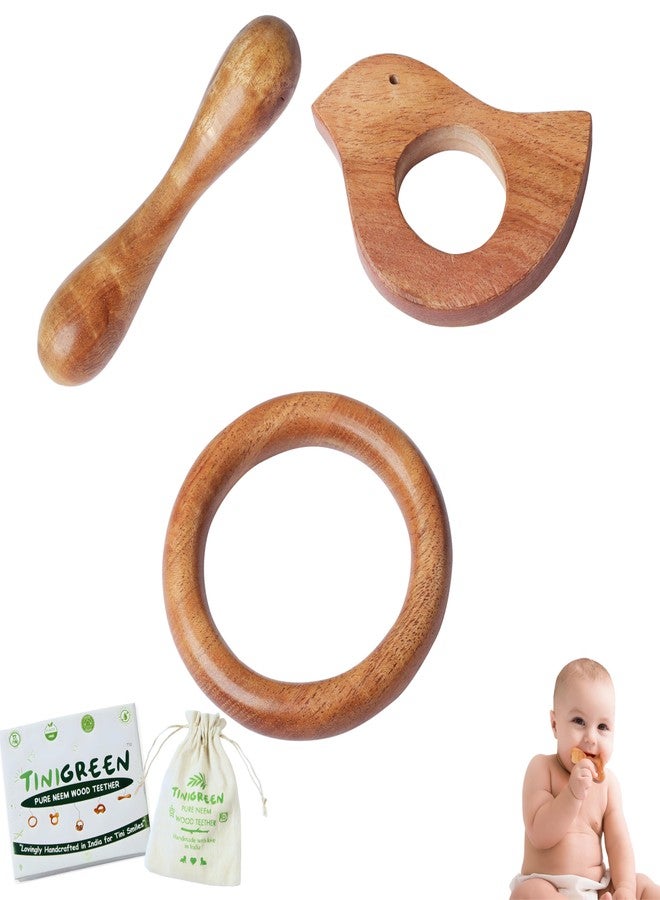 TINIGREEN Dove Ring Dumbbell Shaped Organic Neem Wood Teether Combo for Baby (Pack of 3) - Image 1