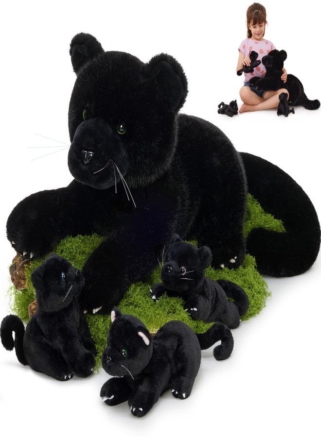MorisMos دمية نمر أسود قطيفة من موريس موس مع قطط نمر صغيرة، دمية نمر كبيرة محشوة بطول 18 بوصة للأطفال من الجنسين، 4 عبوات من ألعاب حيوانات جاغوار سوداء محشوة، ألعاب نمر أسود لطيفة للأطفال - Image 1