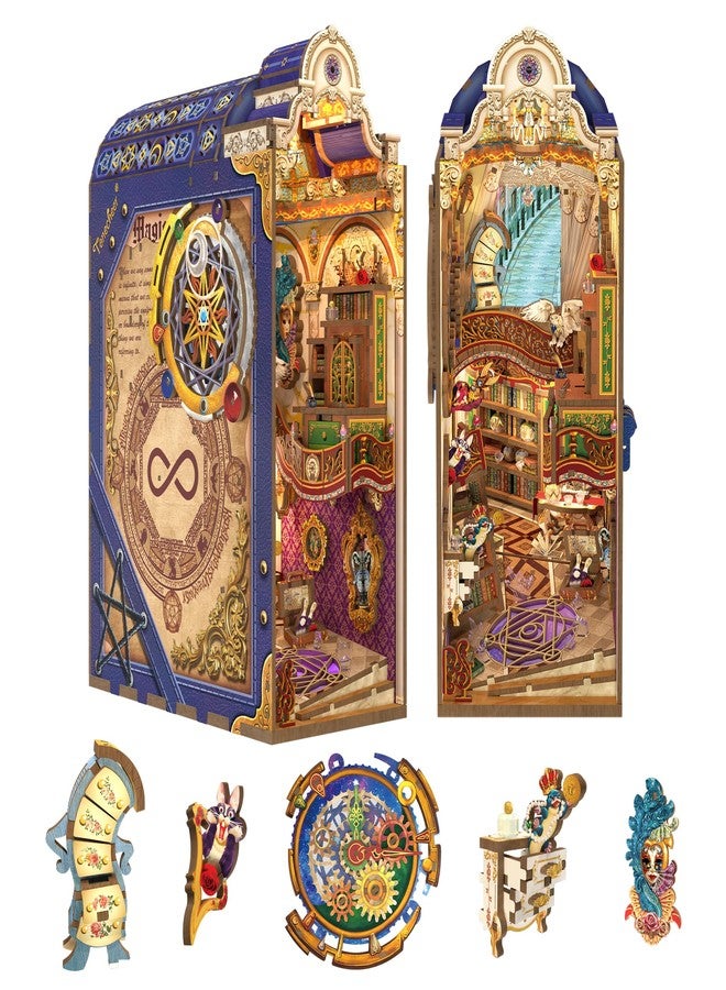 Tonecheer DIY Book Nook Kit for Adults, 3D Wooden Puzzle Bookend Miniature House Kit, Booknook Bookshelf Insert Decor with Dust Cover and LED Lights Gifts (Magical Library) - Image 1