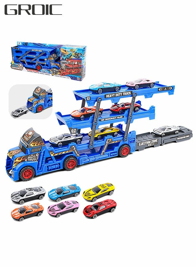 GROIC Vehicle Playset Hauler Carrier Truck with Track, Launcher, 6 Metal Die-Cast Vehicles, Construction and Race Cars Toys Launch and Haul Push Pull Around Gift for Boys Kids Eye-Hand Coordination - Image 1