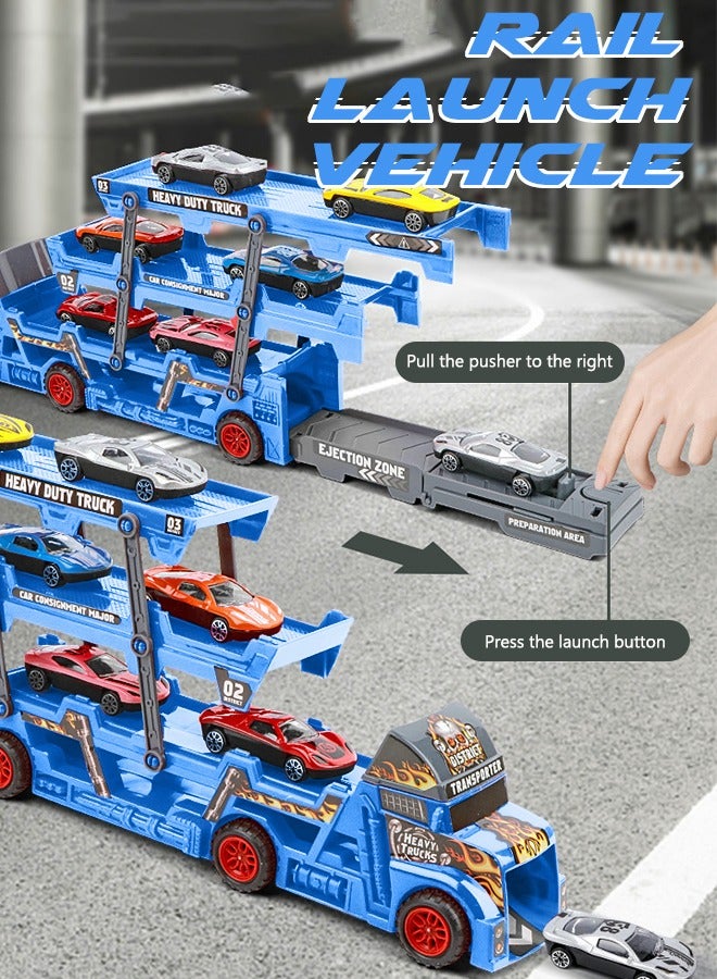 GROIC Vehicle Playset Hauler Carrier Truck with Track, Launcher, 6 Metal Die-Cast Vehicles, Construction and Race Cars Toys Launch and Haul Push Pull Around Gift for Boys Kids Eye-Hand Coordination - Image 2