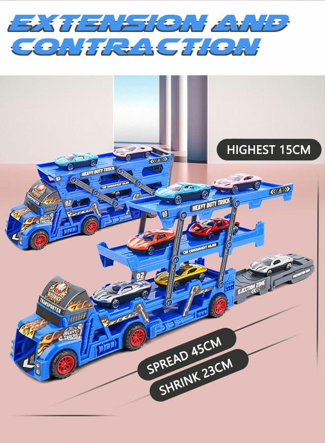 GROIC Vehicle Playset Hauler Carrier Truck with Track, Launcher, 6 Metal Die-Cast Vehicles, Construction and Race Cars Toys Launch and Haul Push Pull Around Gift for Boys Kids Eye-Hand Coordination - Image 4