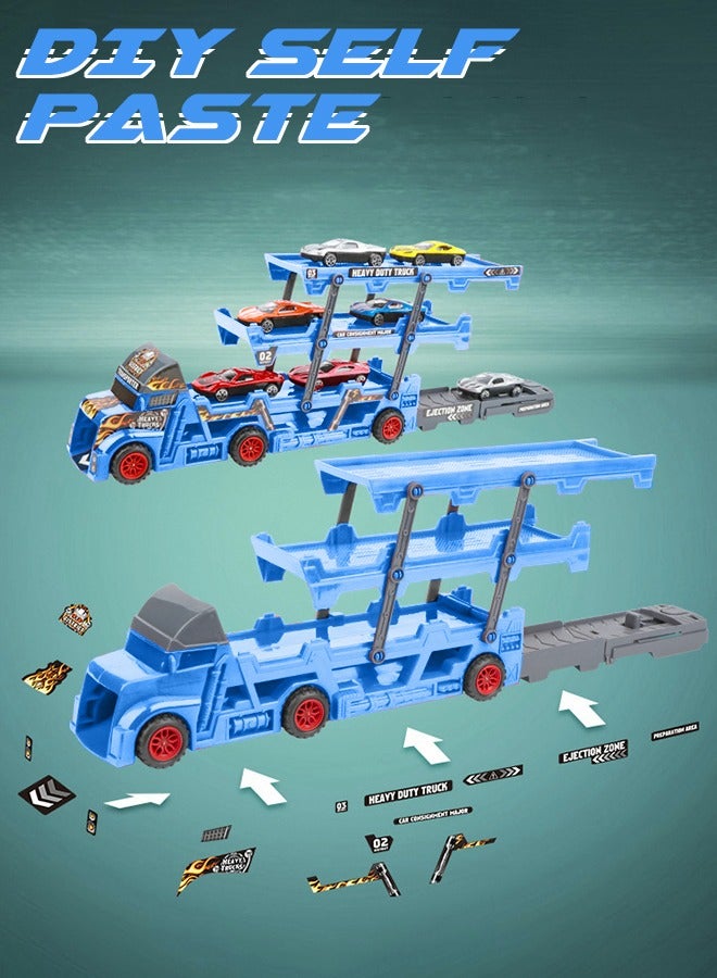 GROIC Vehicle Playset Hauler Carrier Truck with Track, Launcher, 6 Metal Die-Cast Vehicles, Construction and Race Cars Toys Launch and Haul Push Pull Around Gift for Boys Kids Eye-Hand Coordination - Image 3