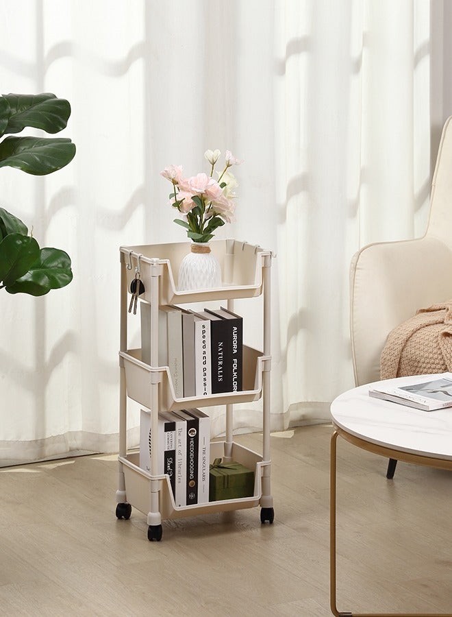 LAWAZIM Movable Bookshelf Storage - 3 Layer, White, 34.5x25x71cm - Easy to Assemble Rolling Cart with Lockable Wheels, Open-Front Bins, and Side Hooks - for Organizing Home, Office, Kitchen, Bathroom - Image 1