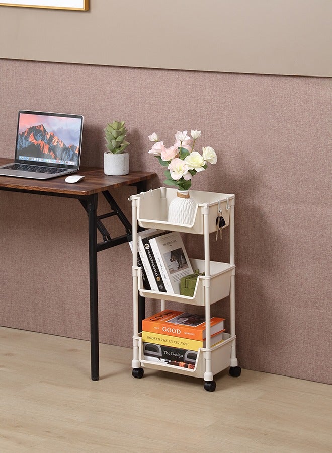 LAWAZIM Movable Bookshelf Storage - 3 Layer, White, 34.5x25x71cm - Easy to Assemble Rolling Cart with Lockable Wheels, Open-Front Bins, and Side Hooks - for Organizing Home, Office, Kitchen, Bathroom - Image 2