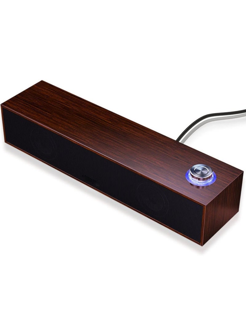 Hugifts Walnut Wood Bar Desktop Bluetooth Speaker, Dual Driver 4D Surround Sound Computer Soundbar, Wired AUX & Wireless Bluetooth USB Powered Speaker with Volume Knob - Image 1