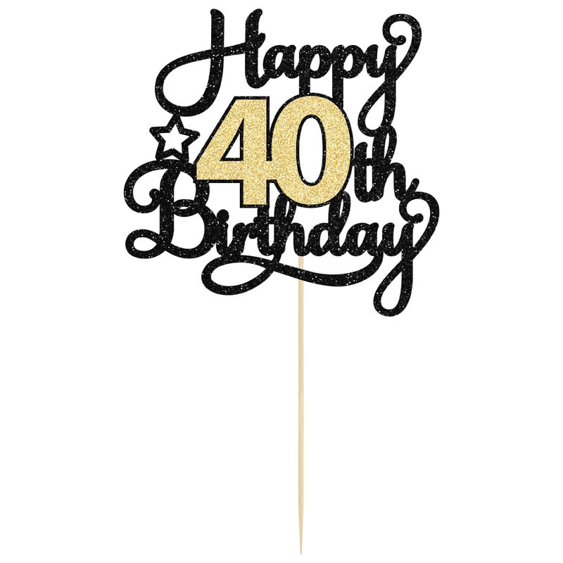 Ephlyn 1Pc 40th Happy Birthday Cake Topper Glitter Cheers to 40 Years Birthday Cake Pick Decoration for 40th Wedding Party Decoration Supplies Black Gold - Image 3