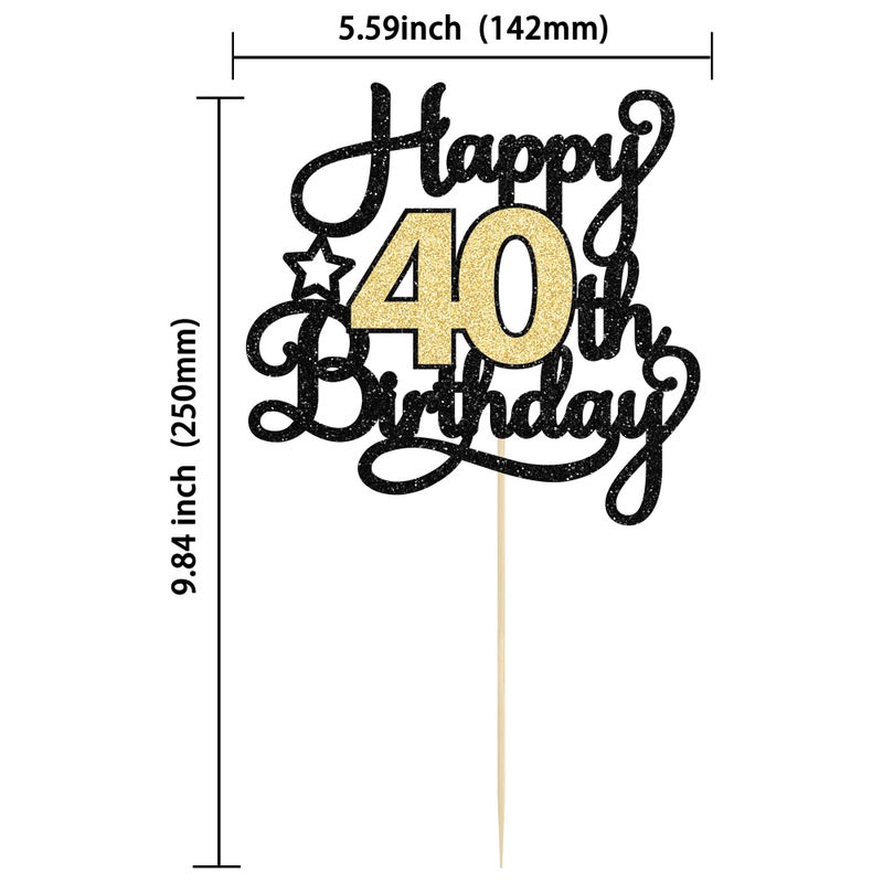 Ephlyn 1Pc 40th Happy Birthday Cake Topper Glitter Cheers to 40 Years Birthday Cake Pick Decoration for 40th Wedding Party Decoration Supplies Black Gold - Image 2