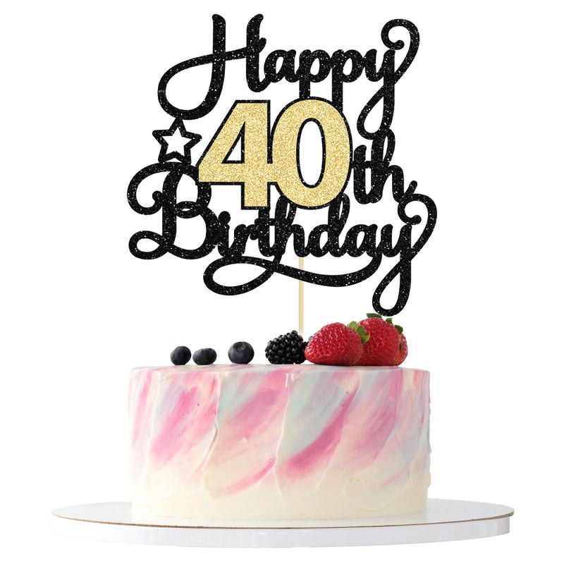 Ephlyn 1Pc 40th Happy Birthday Cake Topper Glitter Cheers to 40 Years Birthday Cake Pick Decoration for 40th Wedding Party Decoration Supplies Black Gold - Image 1