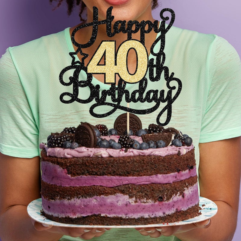 Ephlyn 1Pc 40th Happy Birthday Cake Topper Glitter Cheers to 40 Years Birthday Cake Pick Decoration for 40th Wedding Party Decoration Supplies Black Gold - Image 4