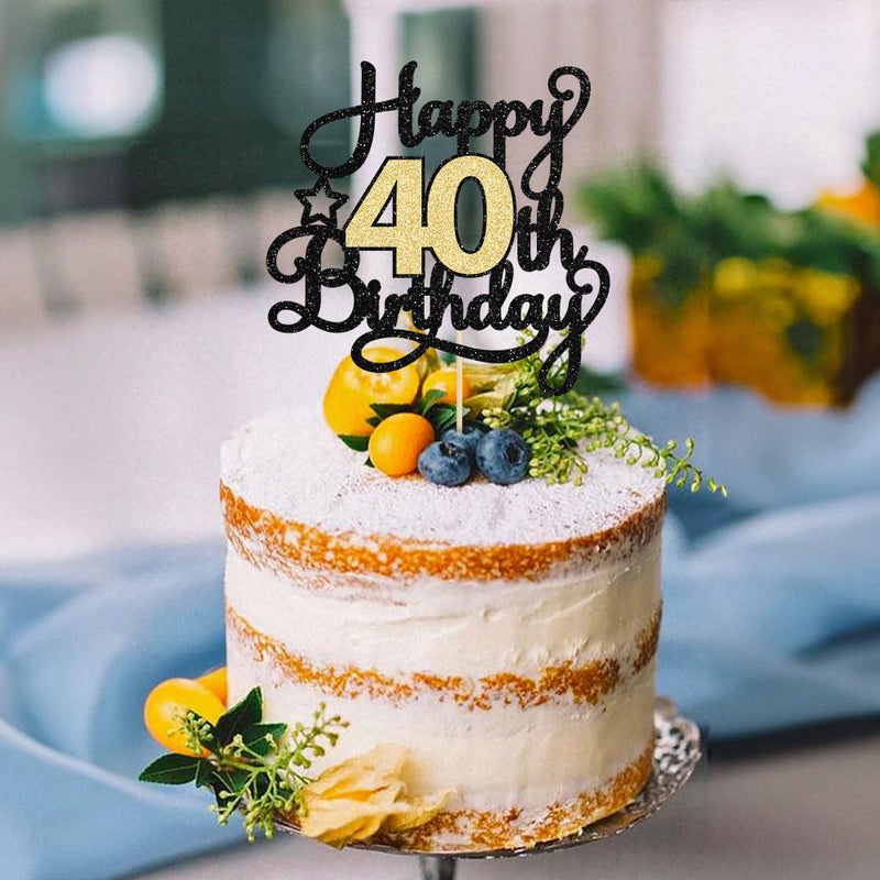 Ephlyn 1Pc 40th Happy Birthday Cake Topper Glitter Cheers to 40 Years Birthday Cake Pick Decoration for 40th Wedding Party Decoration Supplies Black Gold - Image 5