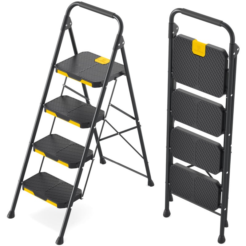 KINGRACK 4 Step Ladder, Sturdy Steel Step Stool with Safe-Lock Design, Handrail, Anti-Slip Wide Pedals, Pass 800lbs Load Testing, Folding Portable Ladder for Multi-Purpose, Home, Kitchen, Black - Image 1