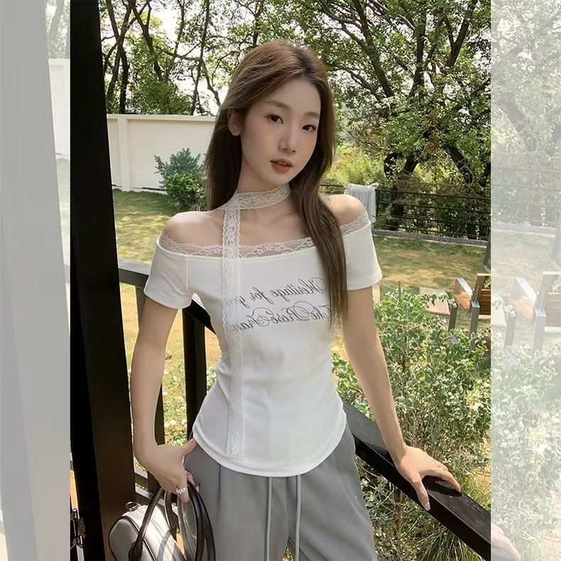 [Ready Stock in Our Own Factory] Lace One-Shoulder T-Shirt for Women Summer Letter Printed Short-Sleeved Versatile Top - Image 1